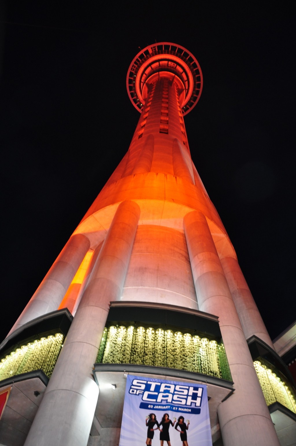 The Sky Tower is lit up beautifully at night